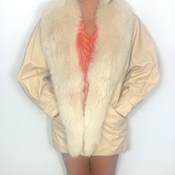 Vintage 80’s Marvin Richards Textured Leather Fur Collar Jacket Coat - Picture 1 of 15